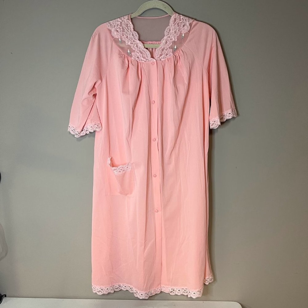 Vintage 60s 70s Pink Floral Lace Nylon Nightgown Modest House Dress